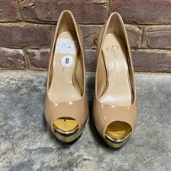 Jessica Simpson Taupe Peep Toe Platform Stiletto Heels Size 8 - Picture 2 of 8